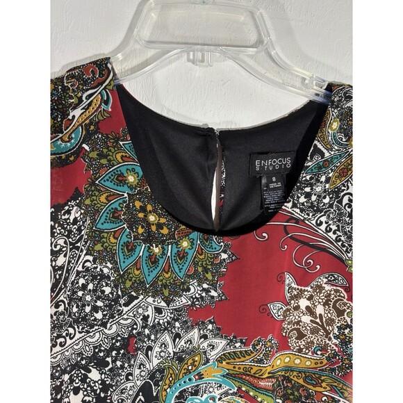 Focus Women’s Burgundy Paisley Design Sz 8 Dress Belted Sleeveless Key Hole Back - Picture 3 of 7